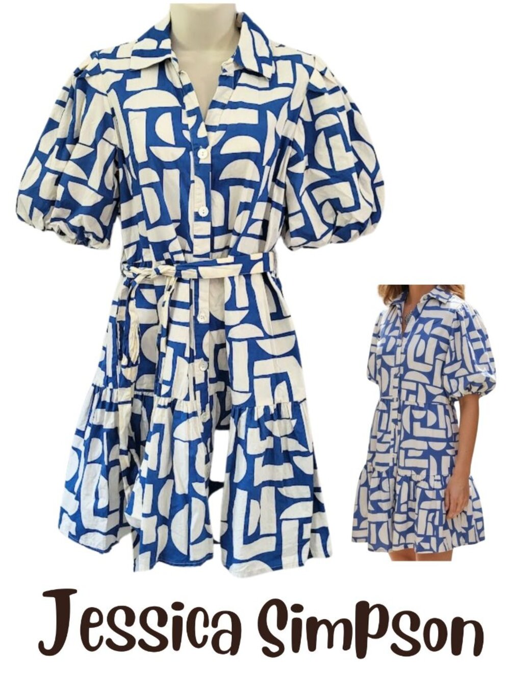 JESSICA SIMPSON Blue & Cream 100% Cotton Puff Sleeved Dress - Women's M